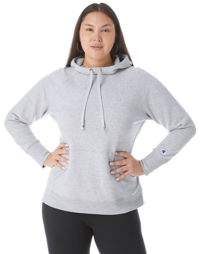 Champion Womens Hoodie NZ - Plus Powerblend Classic Embroidered C Logo Grey ( 9645-BFJUX )